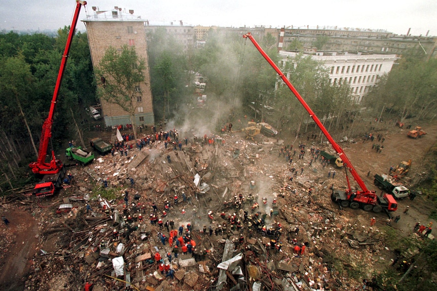 The destroyed apartment block in Moscow