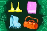 Illustration of bras, towels, gym bag, throw blanket and green bacteria to depict how often to wash everyday items.