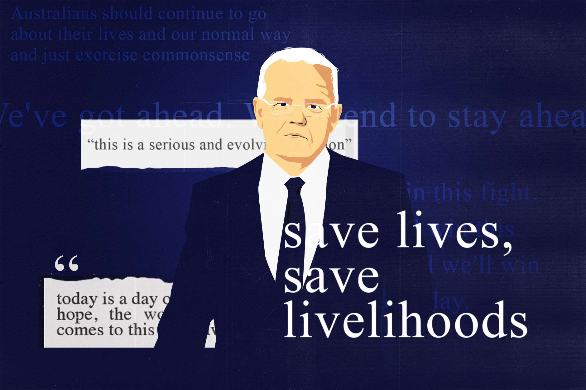 An illustration of Scott Morrison with words in front and behind him that he said at his press conferences