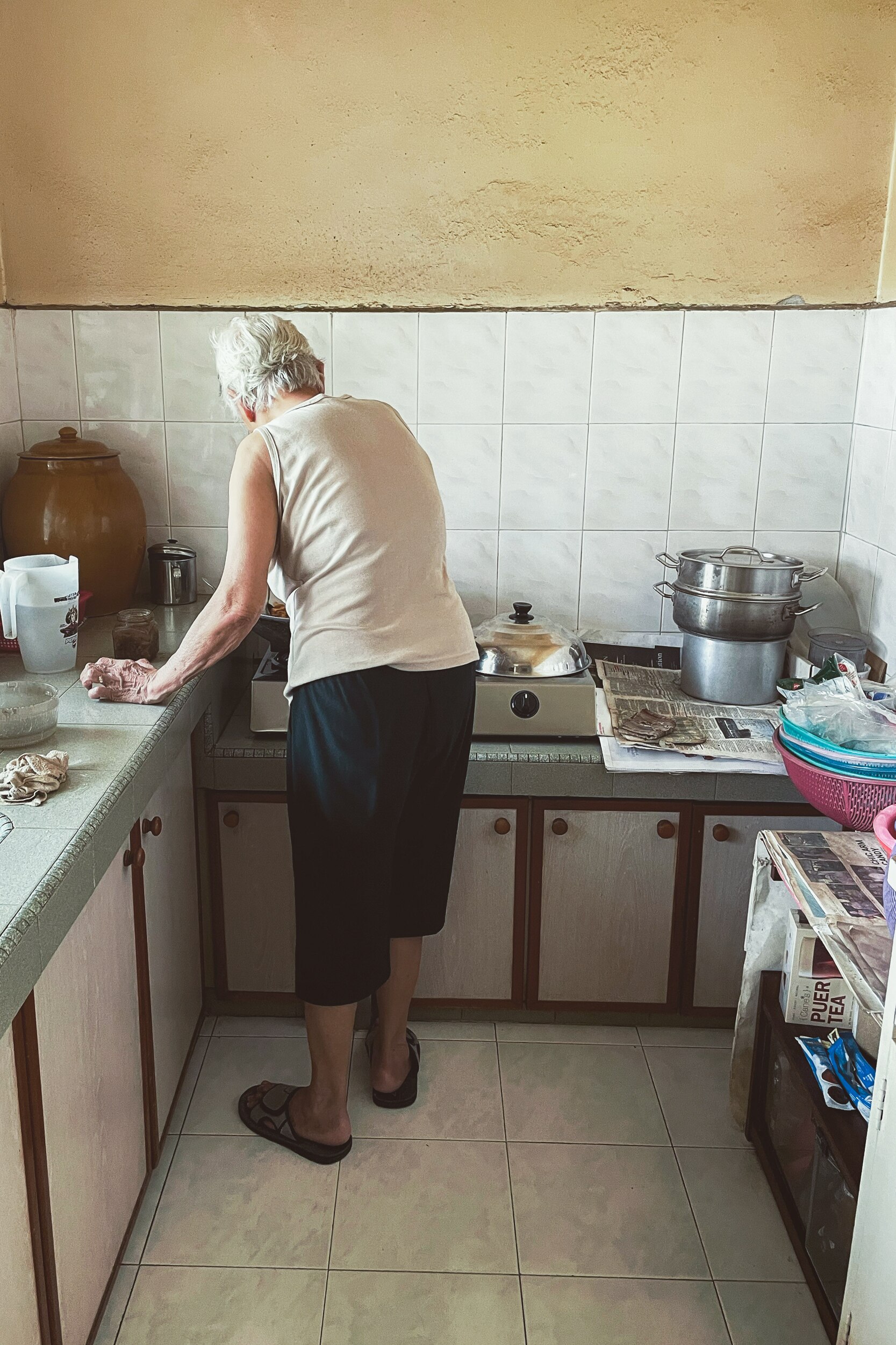 Alvin's mum has her back to the camera as she stands by the stove top in her kitchen