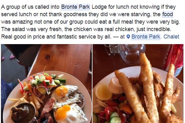 A social media post raving about the food at the Bronte Park Chalet.