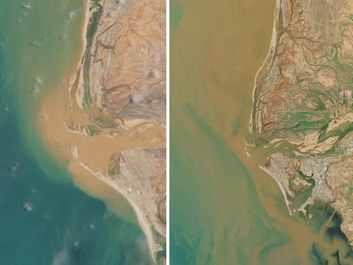 Las imágenes de satélite muestran un río que desemboca en el mar y cambia su claridad.