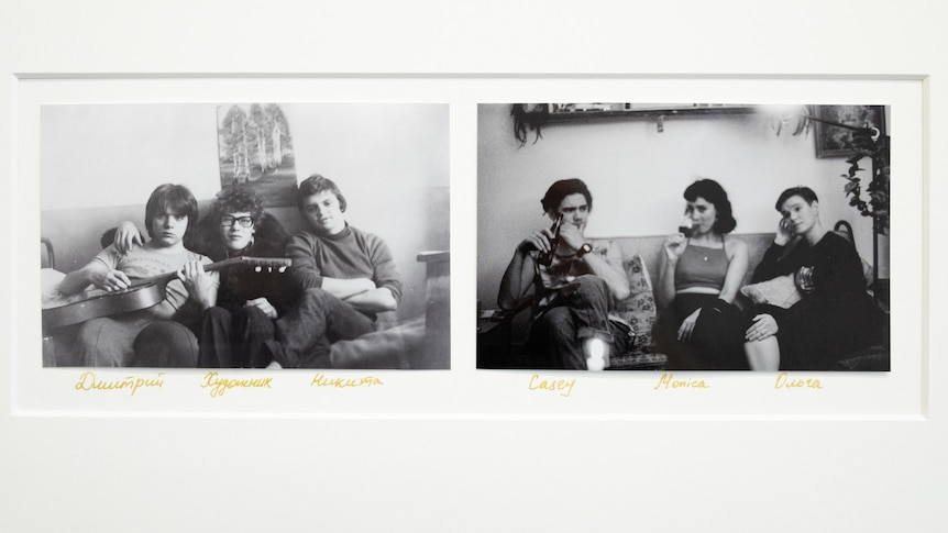 Two black and white images, inkjet print on paper, of different groups of three sitting on a couch.