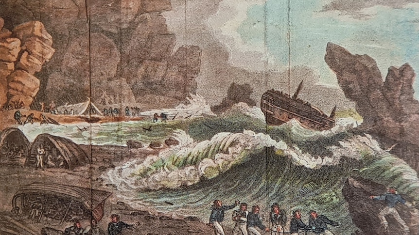 An illustrated scene of a wooden boat shipwrecked on a rocky coastline with large ocean waves.