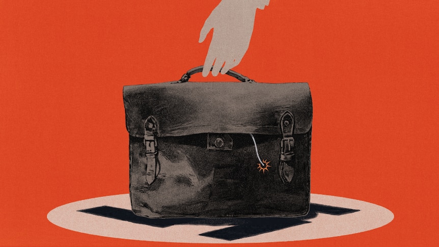 Illustration of a briefcase with an exposed fuse placed on a Nazi flag 