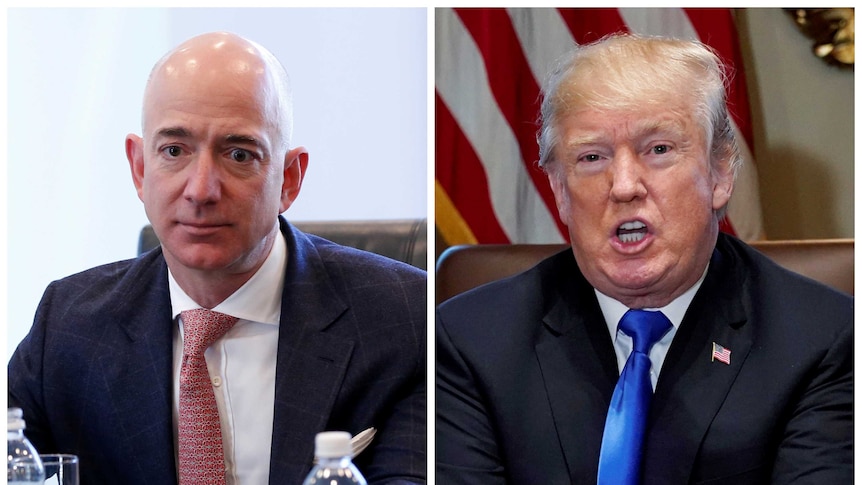 A combination photo of Jeff Bezos and Donald Trump.