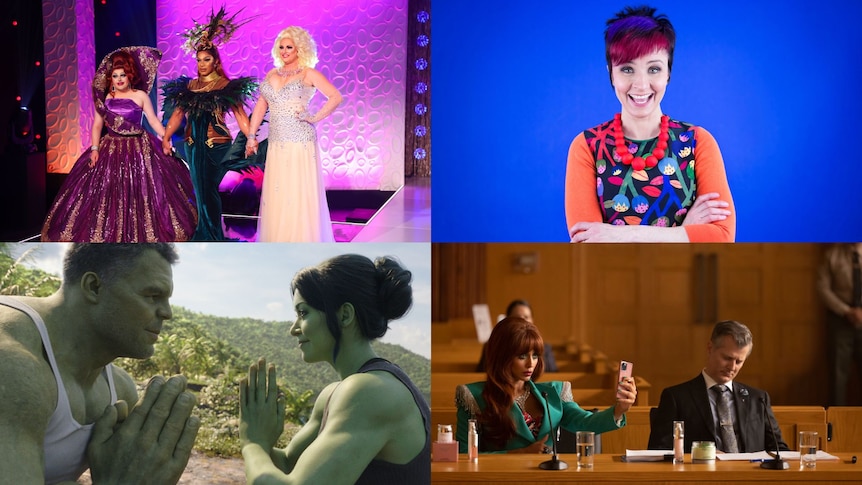 4 images: 3 drag queens stand, cal wilson smiles, two green people face off, a woman stands with a ripped shirt