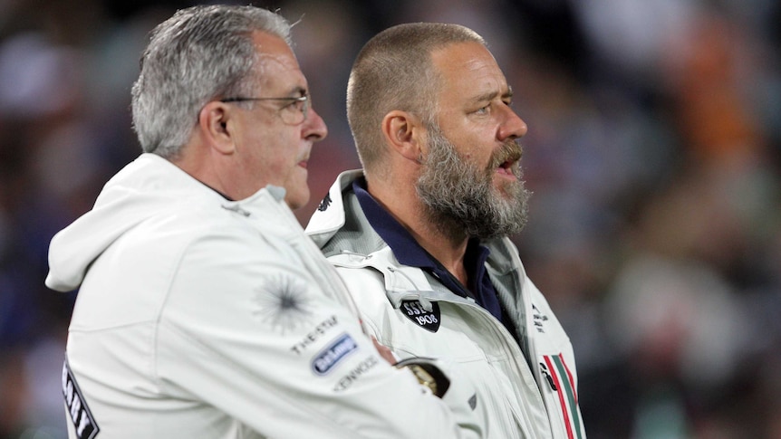 Under a cloud ... Russell Crowe (R) insists the Rabbitohs' future remains bright.