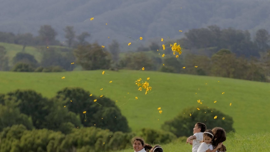 Young kid playing across a field throwing yellow sunflowers in the air.