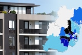 Photograph of a new apartment block with a shaded map of LGAs overlaid.