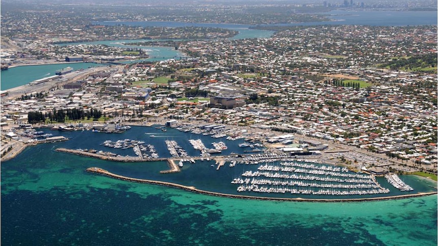 An aerial shot of a port city.
