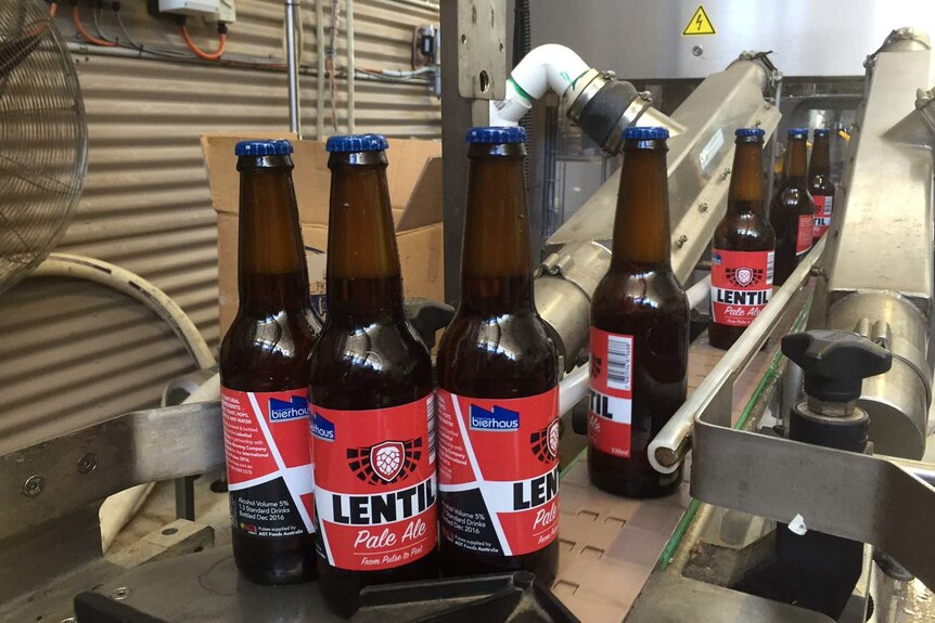 Lentil Pale Ale, by the Lobethal Bierhaus, is bottled on production machinery.