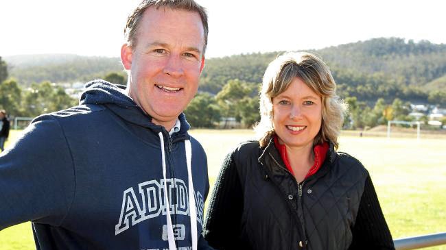 Tasmanian Premier Will Hodgman and former Attorney General Vanessa Goodwin at a soccer oval.