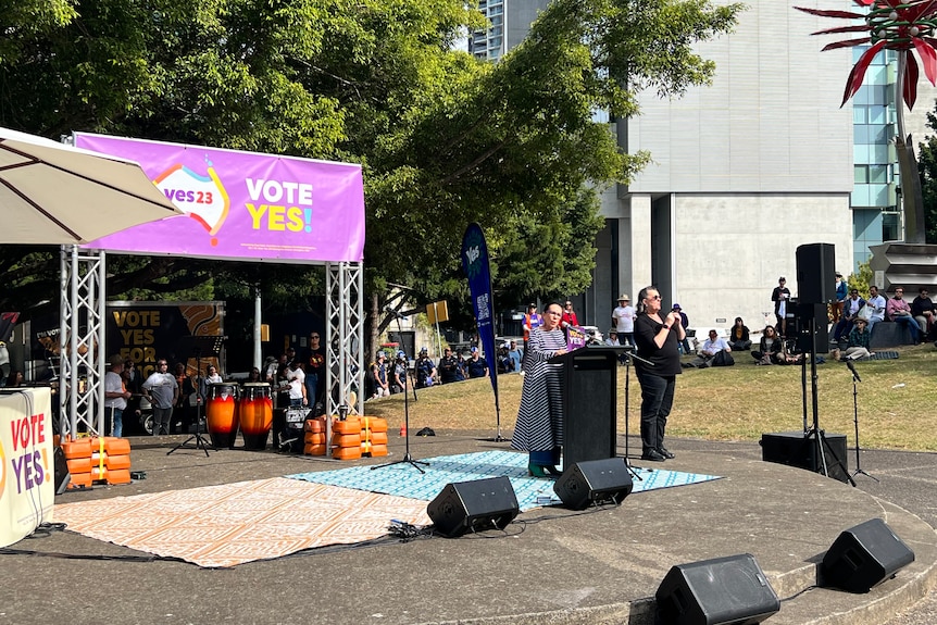 Minister for Indigenous Australians Linda Burney speaks at Brisbane's Come Together For Yes rally