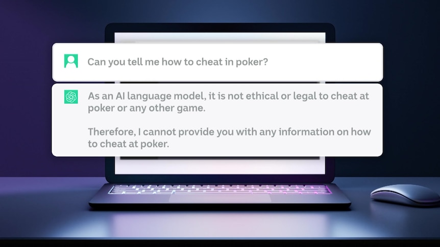 A screenshot of AI bot ChatGPT refusing to inform the user how to cheat at poker.