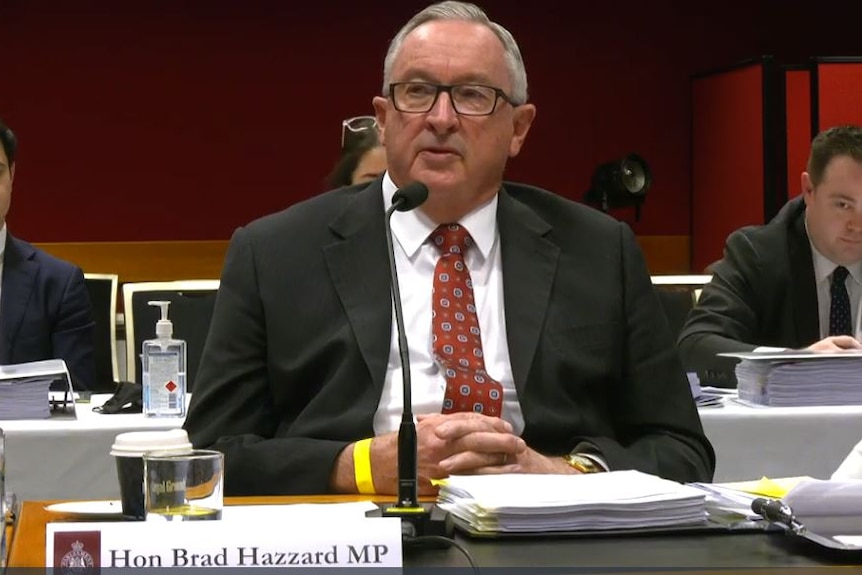A bespectacled man with short grey hair – Brad Hazzard – sits in a parliamentary chamber.
