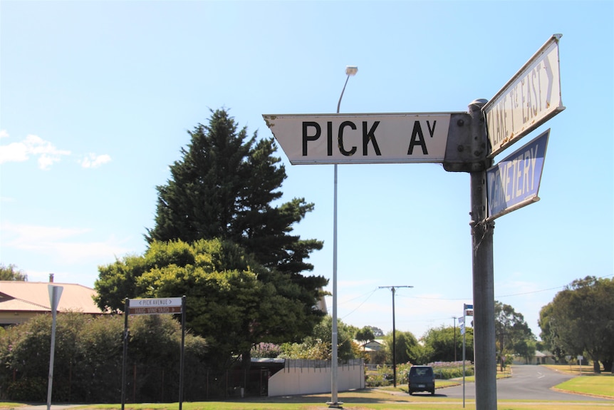 A street sign reading "Pick Avenue" with trees in the background.