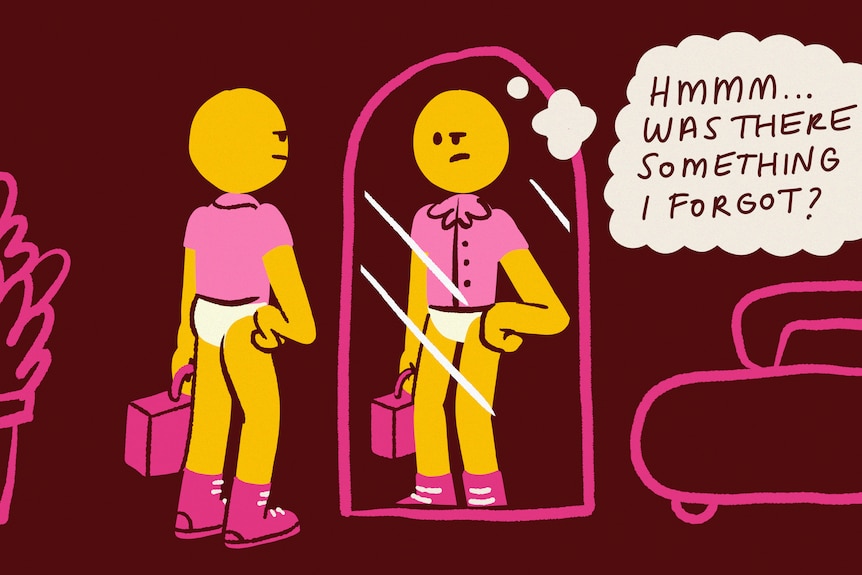 Comic of a man standing in front of a mirror in a shirt with no pants and a thought bubble says 'was there something I forgot?'.