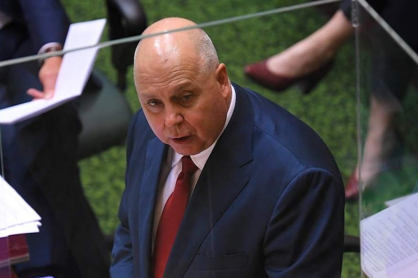 Tim Pallas giving his budget speech behind a plastic shield in Parliament.