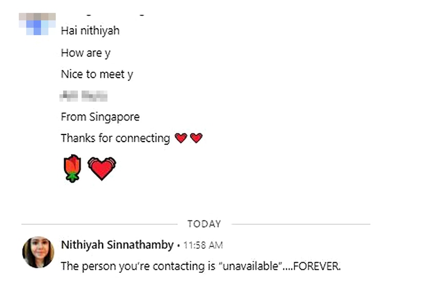 A text of a man sending suggestive messages to Nithiyah followed by heart and flower emojiis