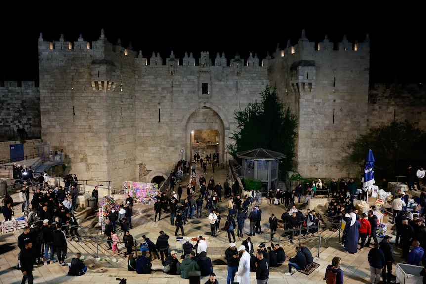 A crowd of people in front of an old castle looking building