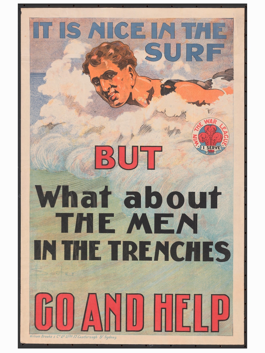 Colour poster surfing man, and text that reads "It is nice in the surf but what about the men in the trenches..."