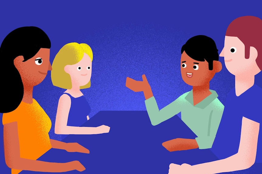 An illustration showing a group of people sitting down at table, for a story on racism and discrimination in Australia.