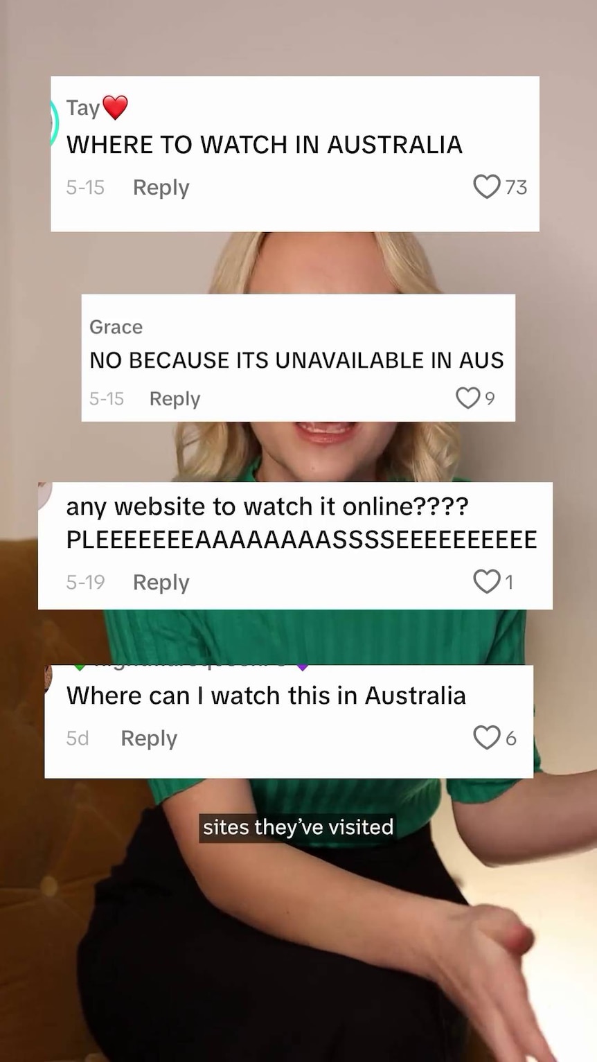 A woman with light tone skin is obscured by graphics with comments related to being unable to watch something in Australia.