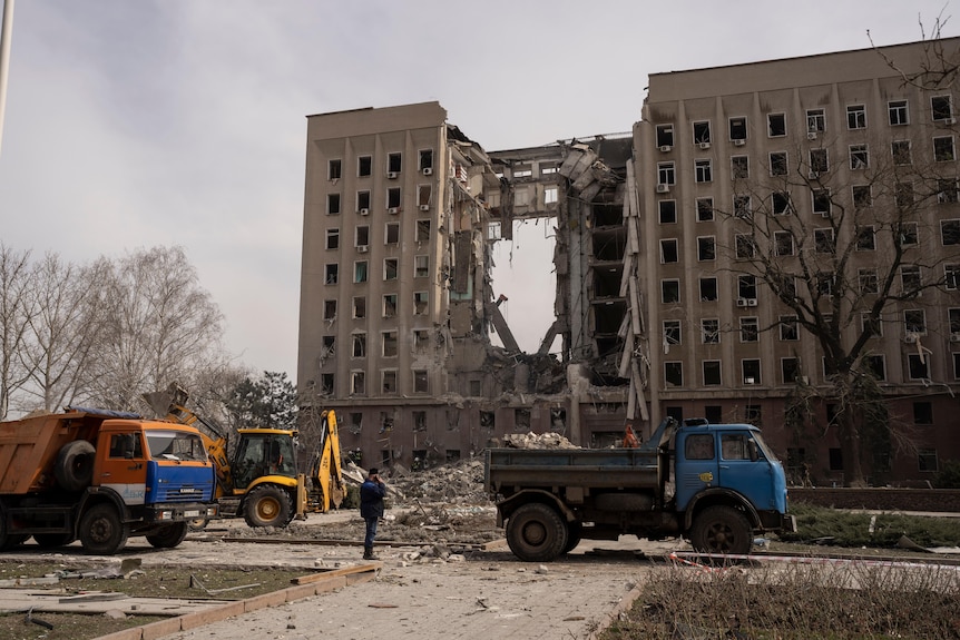A hole in the building of a Ukrainian government building.