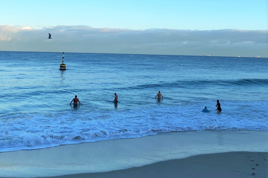 People wade in water at Cottesloe beach on cold day