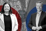 A composite image of the candidates from the two major parties in the Fadden by-election in front of the Fadden electorate map