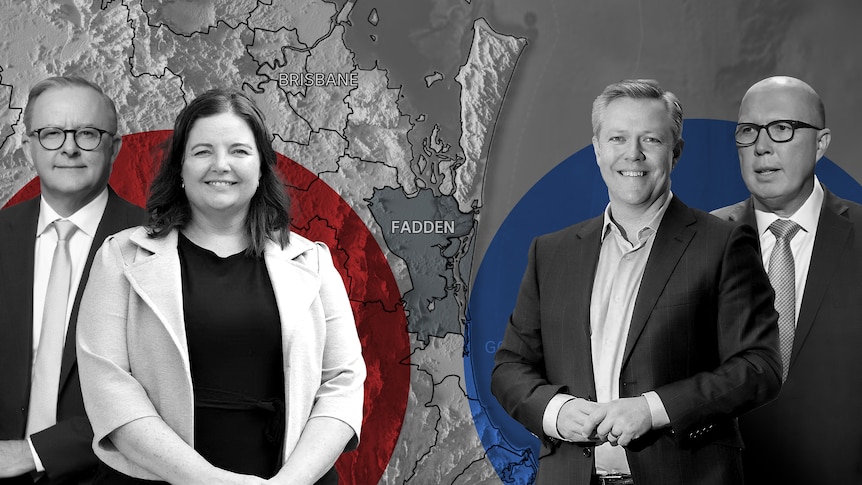 A composite image of the candidates from the two major parties in the Fadden by-election in front of the Fadden electorate map