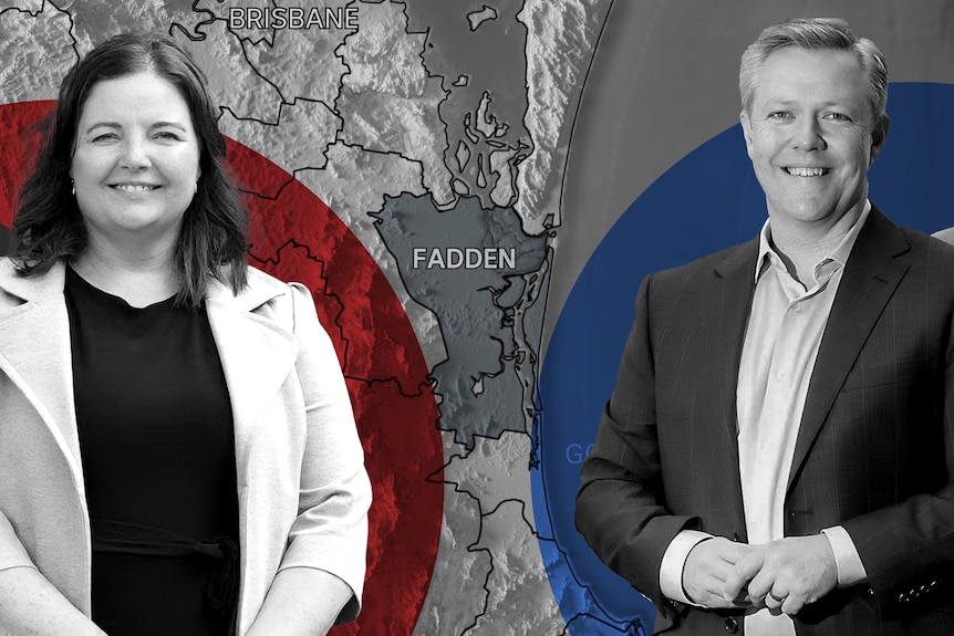 A composite image of the candidates from the two major parties in the Fadden by-election in front of the Fadden electorate map