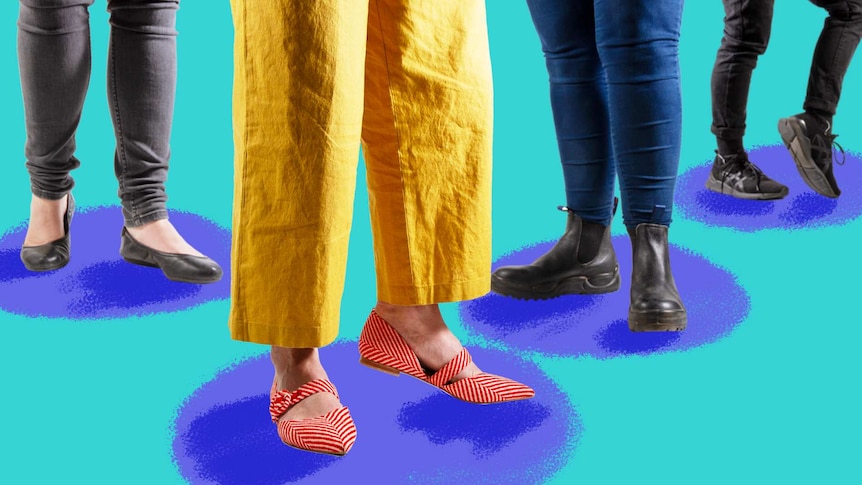 Four pairs of feet wearing different types of shoes for work to depict foot tips for people standing all day.