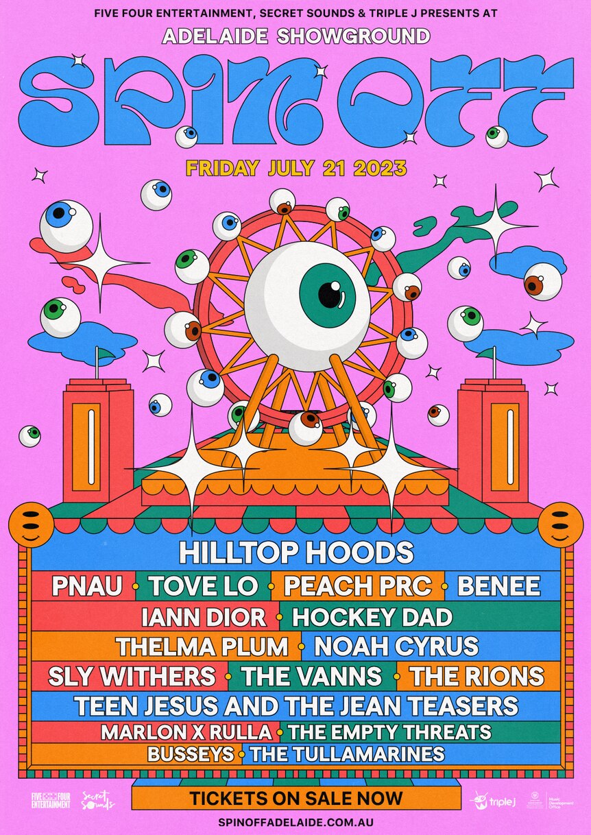 A pink event poster for Spin Off Festival features scattered cartoon eyeballs, sparkles, and splotches of bold colour.