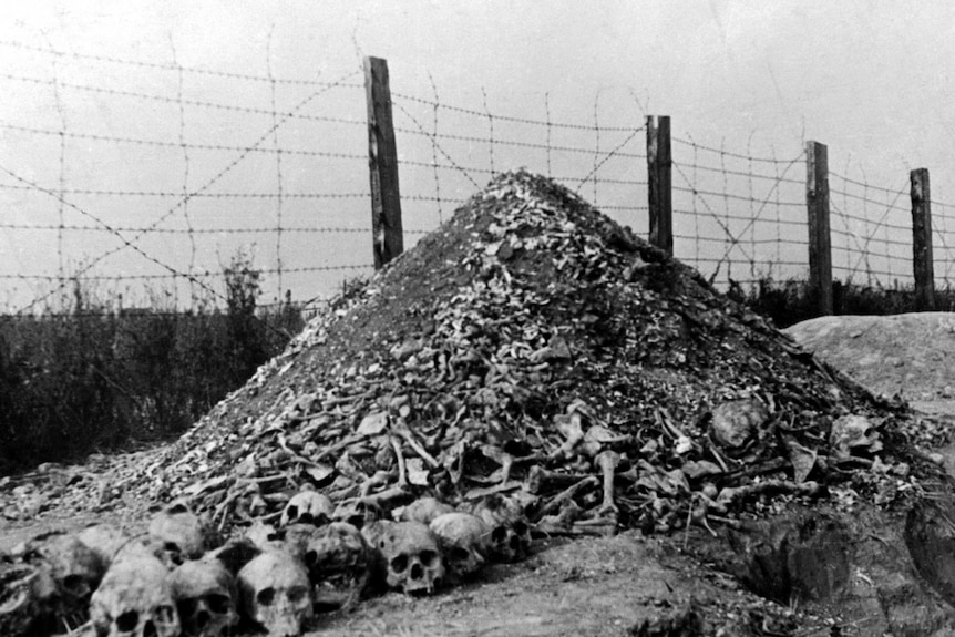 Bones and skulls at the Nazi concentration camp of Majdanek