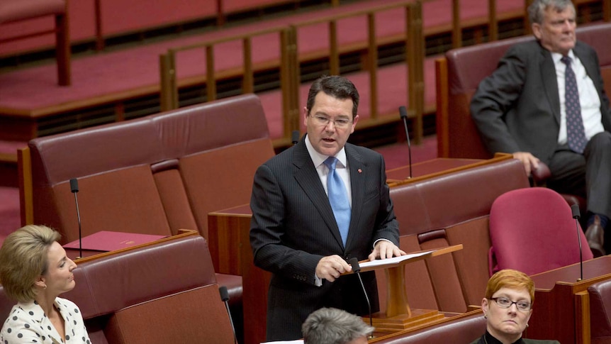 Western Australian Senator Dean Smith standing-up giving an address in Parliament House