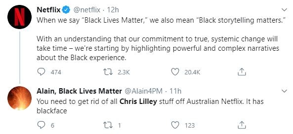 A screenshot of a tweet from Netflix about the Black Lives Matter movement and a reply calling for shows to be removed.