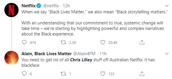 A screenshot of a tweet from Netflix about the Black Lives Matter movement and a reply calling for shows to be removed.