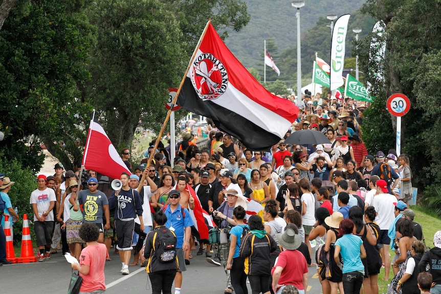A crowd or protesters holding signs and flags march over a bridge in leafy surrounds