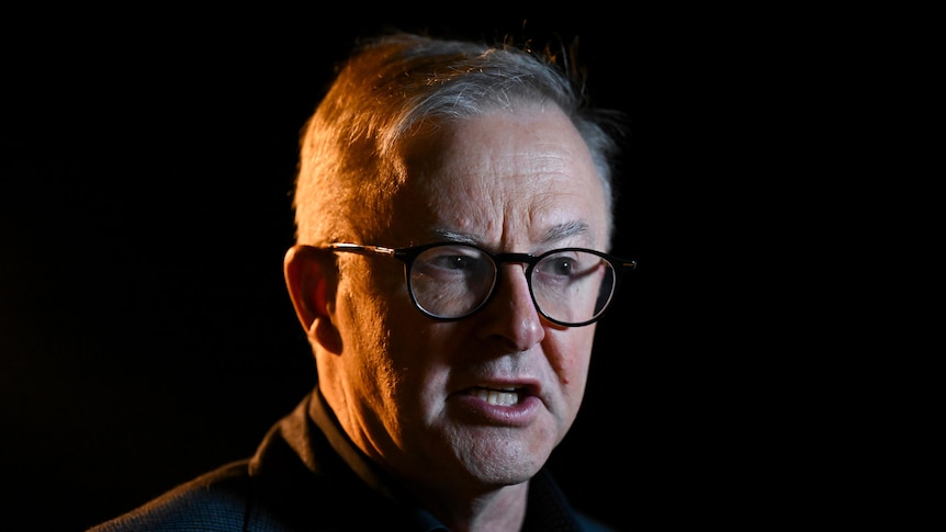 A close up of Prime Minister Anthony Albanese as he speaks.