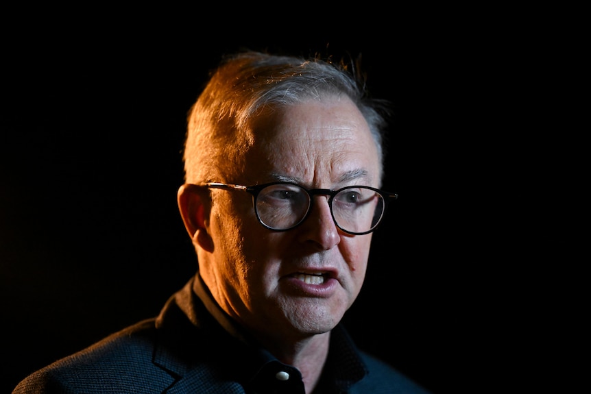 A close up of Prime Minister Anthony Albanese as he speaks.