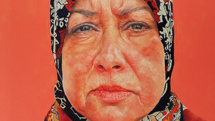 A life-like oil painting of a woman with a head scarf and serious eyes. 