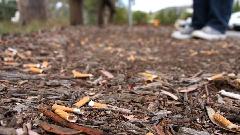 Cigarette butts litter the ground