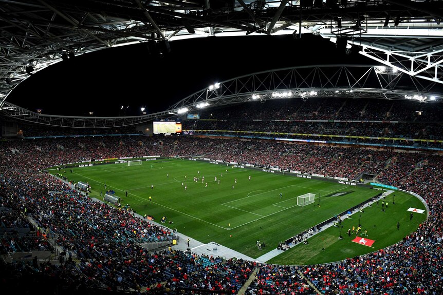 A general view of Sydney's Olympic stadium with a crowd attending a football friendly.