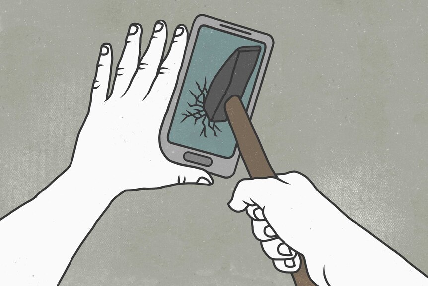 An illustration shows someone using a hammer to smash a smartphone.