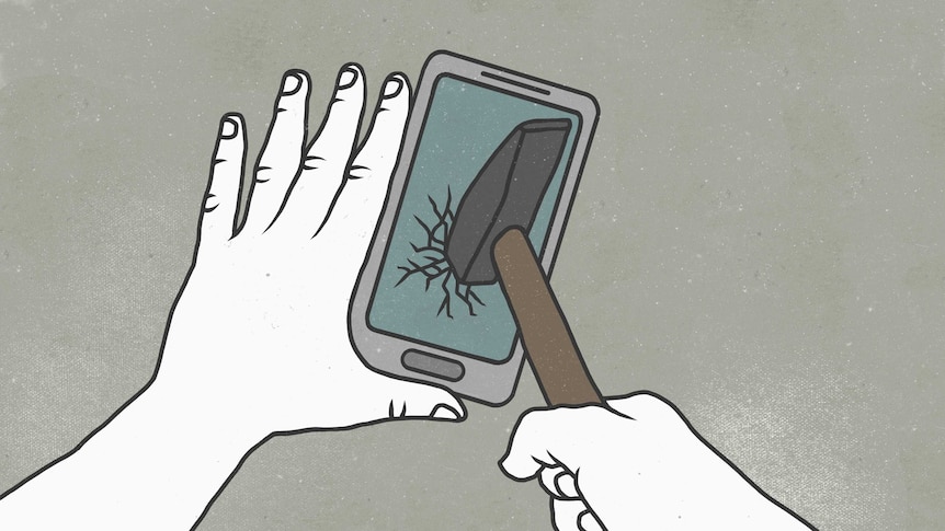 An illustration of a hand next to a smartphone, which has been smashed with a hammer.