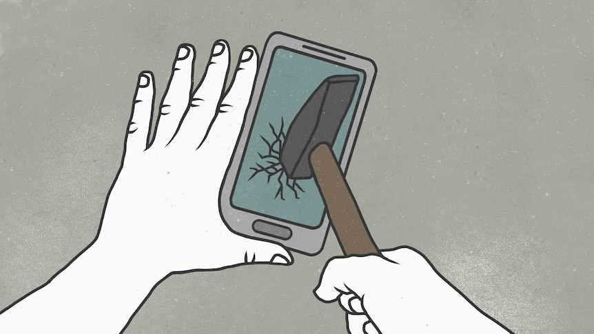 An illustration of a smartphone being smashed with a hammer.