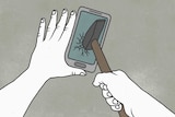 An illustration of a smartphone being smashed with a hammer.