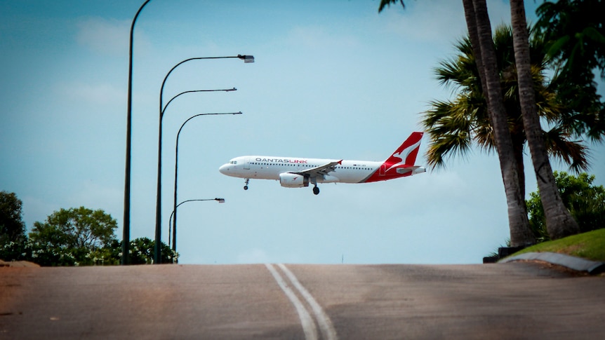 A QantasLink plane flies over a street between a row of streetlights and palm trees.